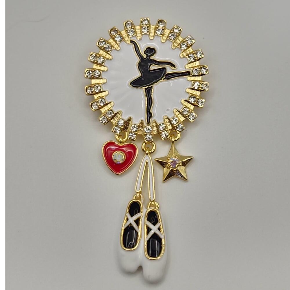 Ballerina Cameo Style Brooch Enamel and Rhinestones Ballet Shoe Charms Danglers